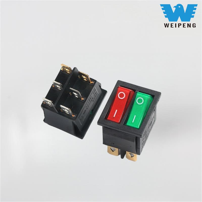 Kcd4 Çift Basmalı Tekne Şeklinde Anahtar Dpdt 6-Pin Kırmızı ve Yeşil Işıklı
